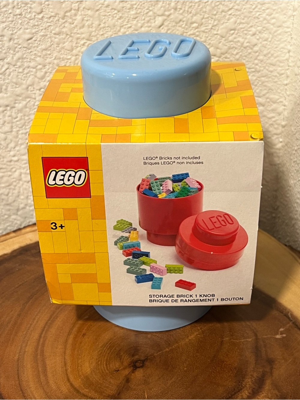 LEGO Light Blue Storage Brick Knob with Yellow Box Artwork